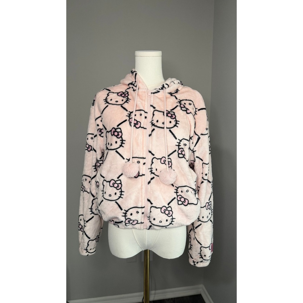 Hello Kitty and Friends Pink Plush Faux Fur Zip Up Hoodie Pom Pom Jacket